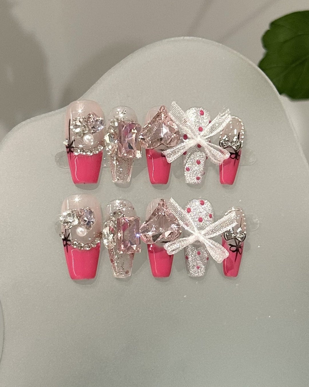 GyaruLab "Royal Ribbon" Pink Crystal Glimmer Nails - GyaruLab