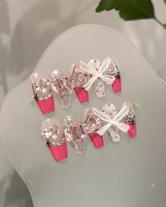 GyaruLab "Royal Ribbon" Pink Crystal Glimmer Nails - GyaruLab