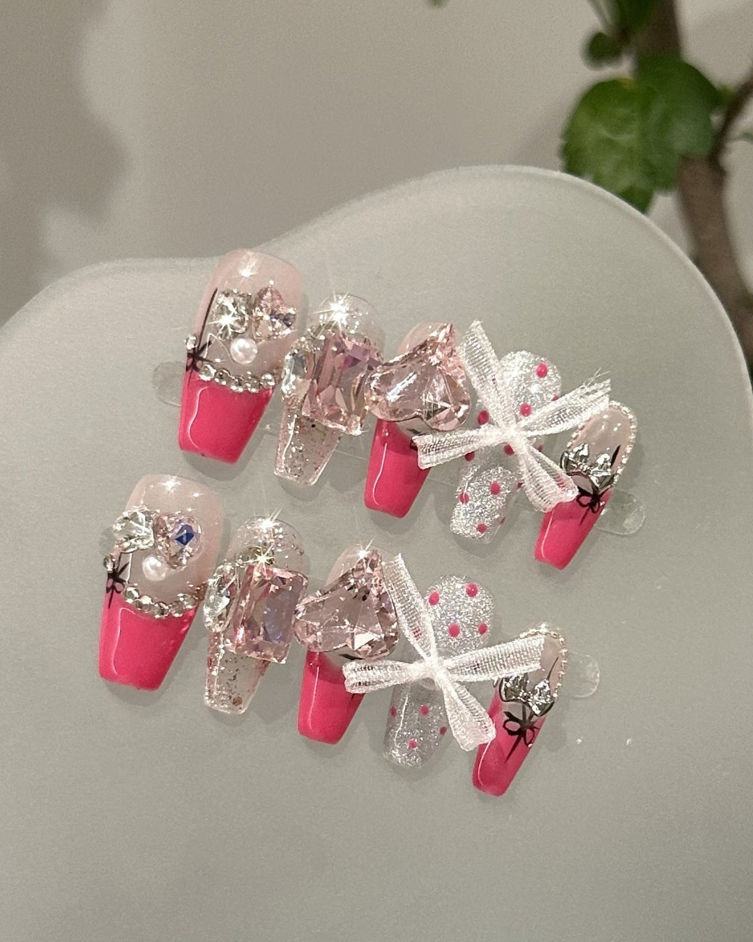 GyaruLab "Royal Ribbon" Pink Crystal Glimmer Nails - GyaruLab