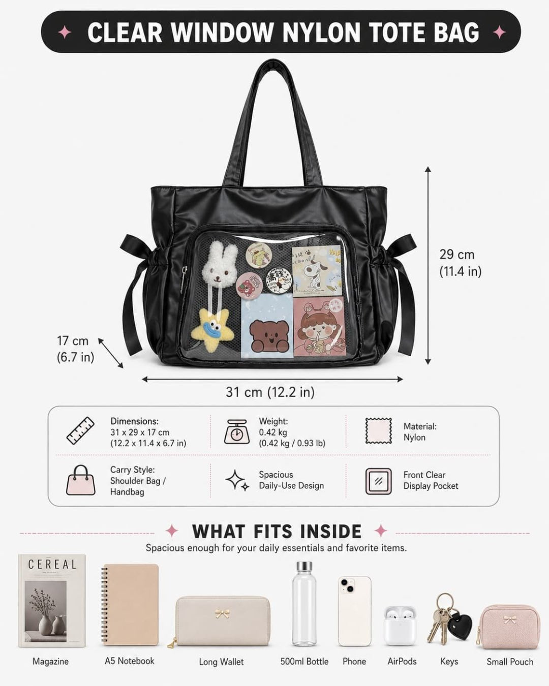 GyaruLab Satin Bow Clear Window Ita Tote Bag - GyaruLab