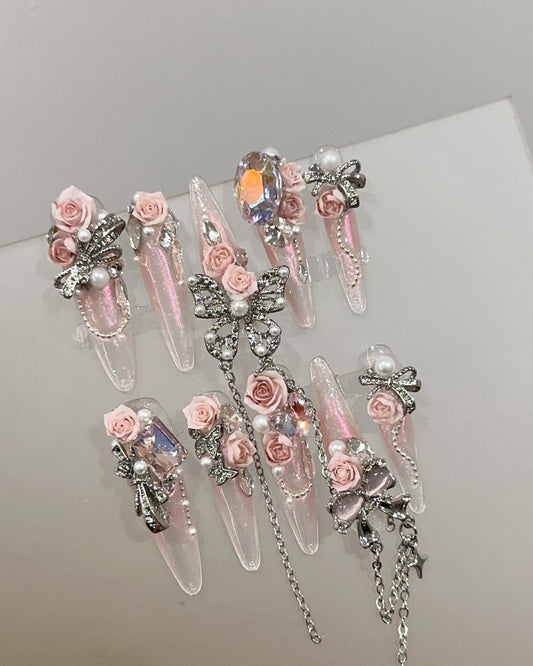 GyaruLab "Secret Garden" Ribbon Chain Nails - GyaruLab