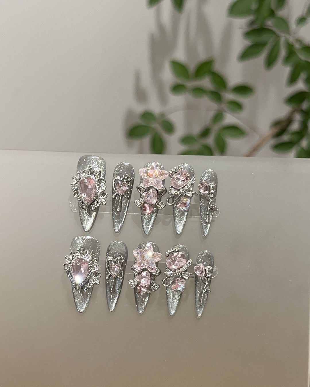 GyaruLab "Starlight Cyber" Pink Jewel Silver Nails - GyaruLab