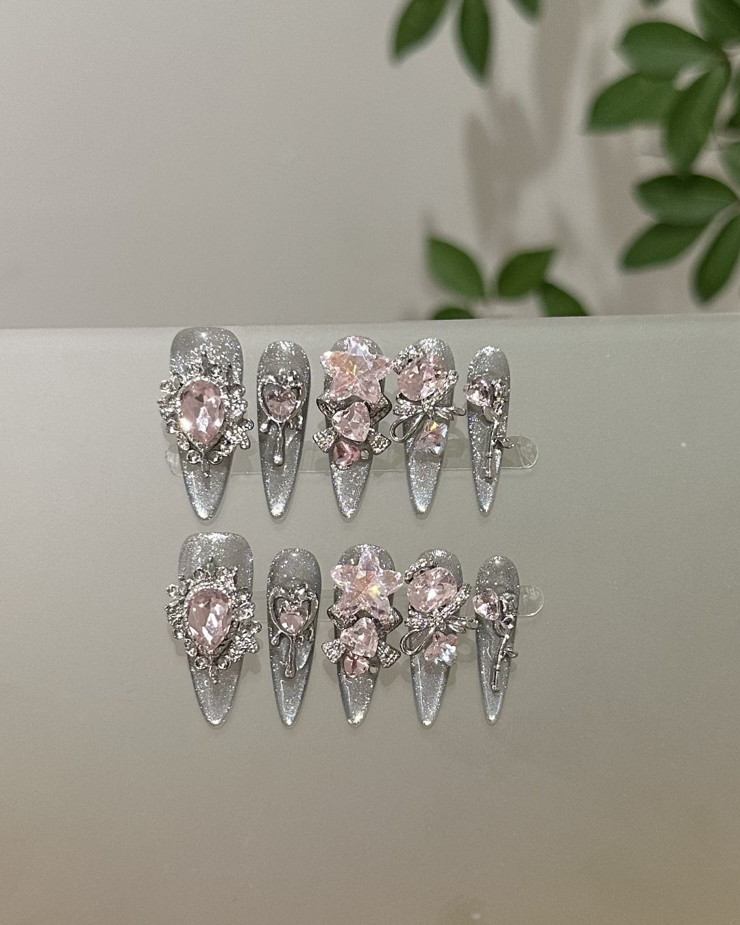 GyaruLab "Starlight Cyber" Pink Jewel Silver Nails - GyaruLab
