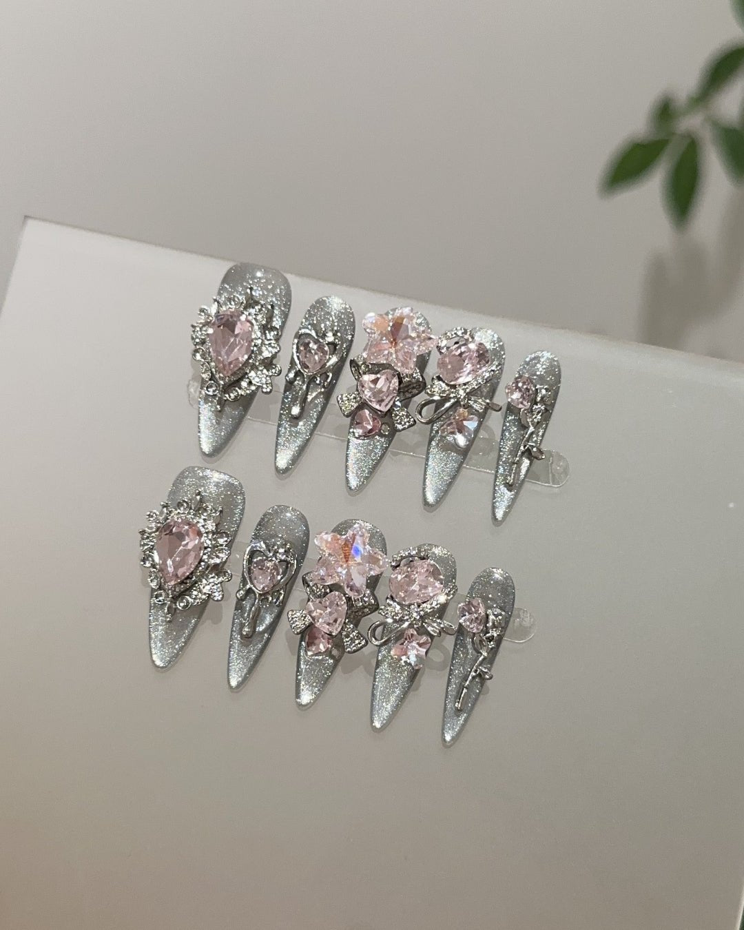 GyaruLab "Starlight Cyber" Pink Jewel Silver Nails - GyaruLab
