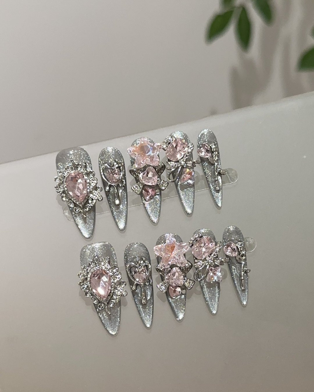 GyaruLab "Starlight Cyber" Pink Jewel Silver Nails - GyaruLab