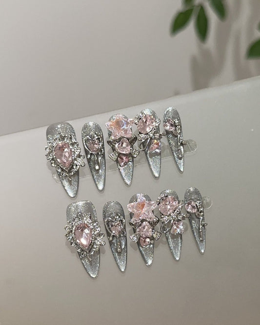 GyaruLab "Starlight Cyber" Pink Jewel Silver Nails - GyaruLab
