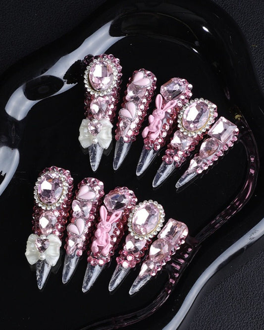 GyaruLab "Sugar High" Pink Bunny Crystal Nails - GyaruLab