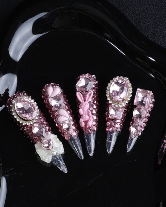 GyaruLab "Sugar High" Pink Bunny Crystal Nails - GyaruLab