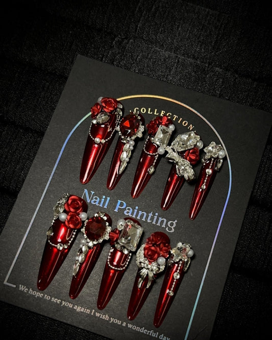 GyaruLab "Velvet Rebellion" Chrome Red Gothic Nails - GyaruLab