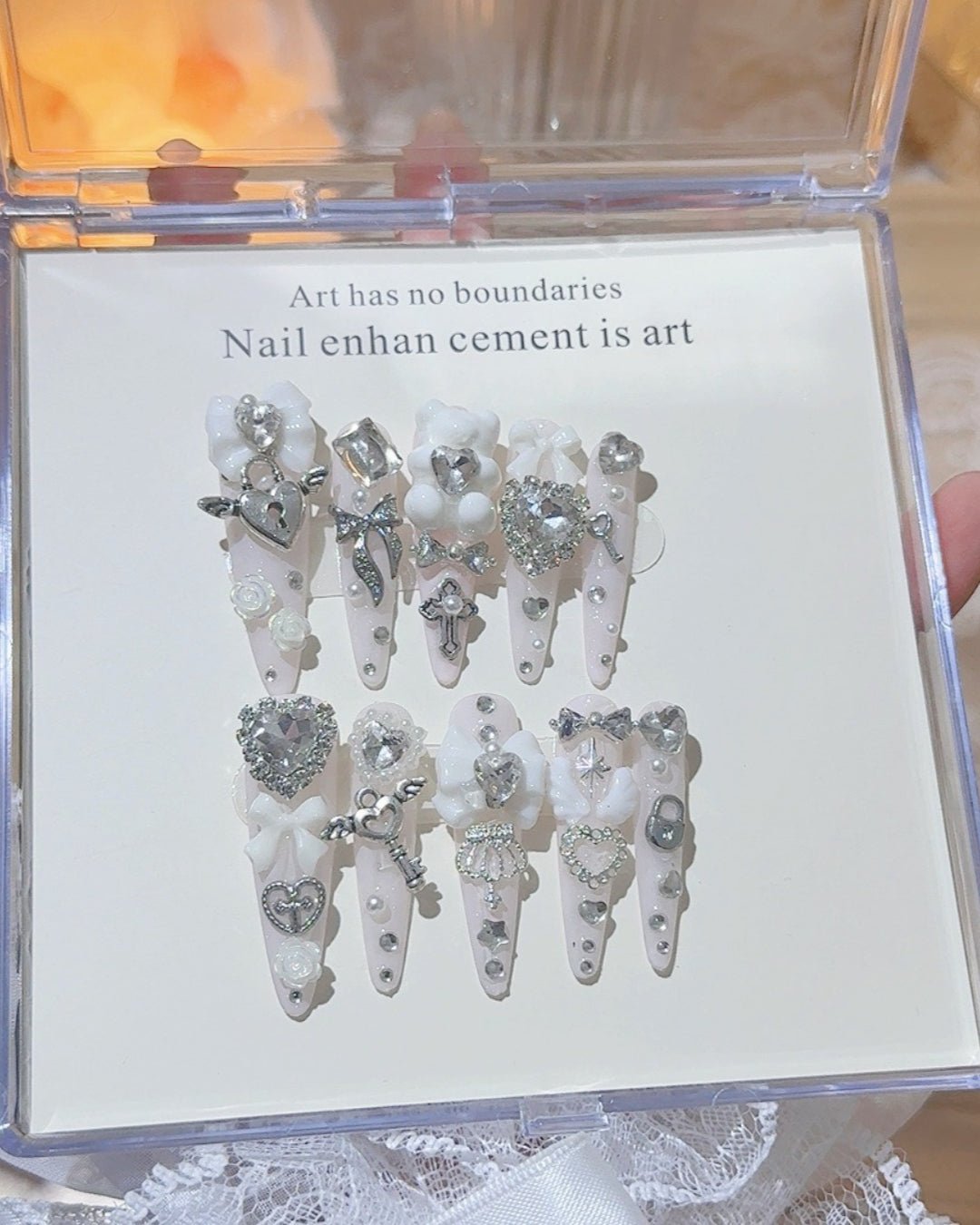 GyaruLab "White Angel" Silver Heart & Key Nails - GyaruLab