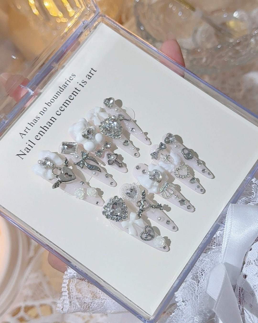 GyaruLab "White Angel" Silver Heart & Key Nails - GyaruLab