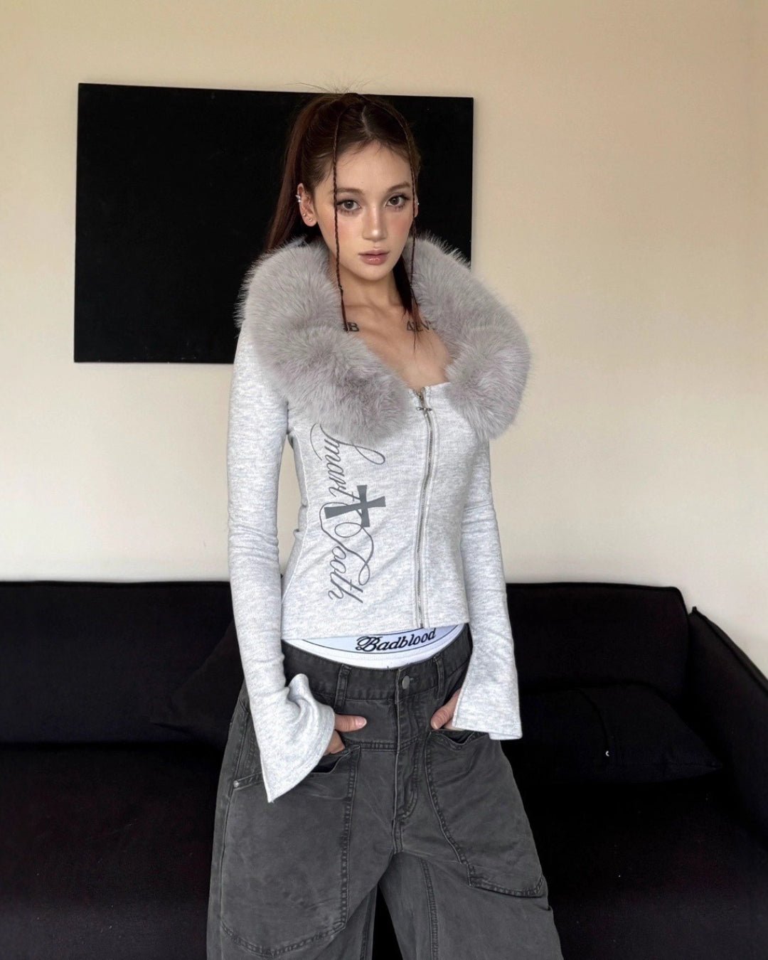 GyaruLab Y2K Faux Fur Trim Long Sleeve Zip - Up Top - GyaruLab