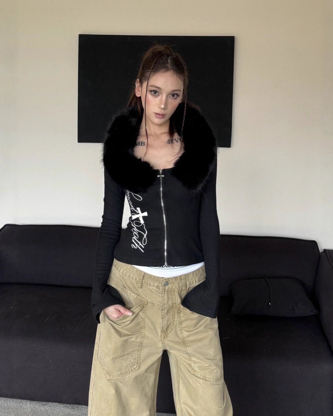 GyaruLab Y2K Faux Fur Trim Long Sleeve Zip - Up Top - GyaruLab