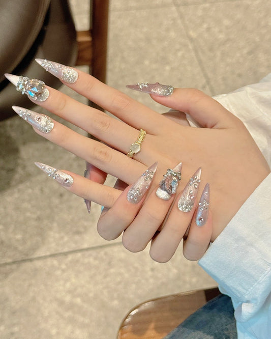 GyaruLab Y2K Leopard Crystal Bow Long Nail Set - GyaruLab